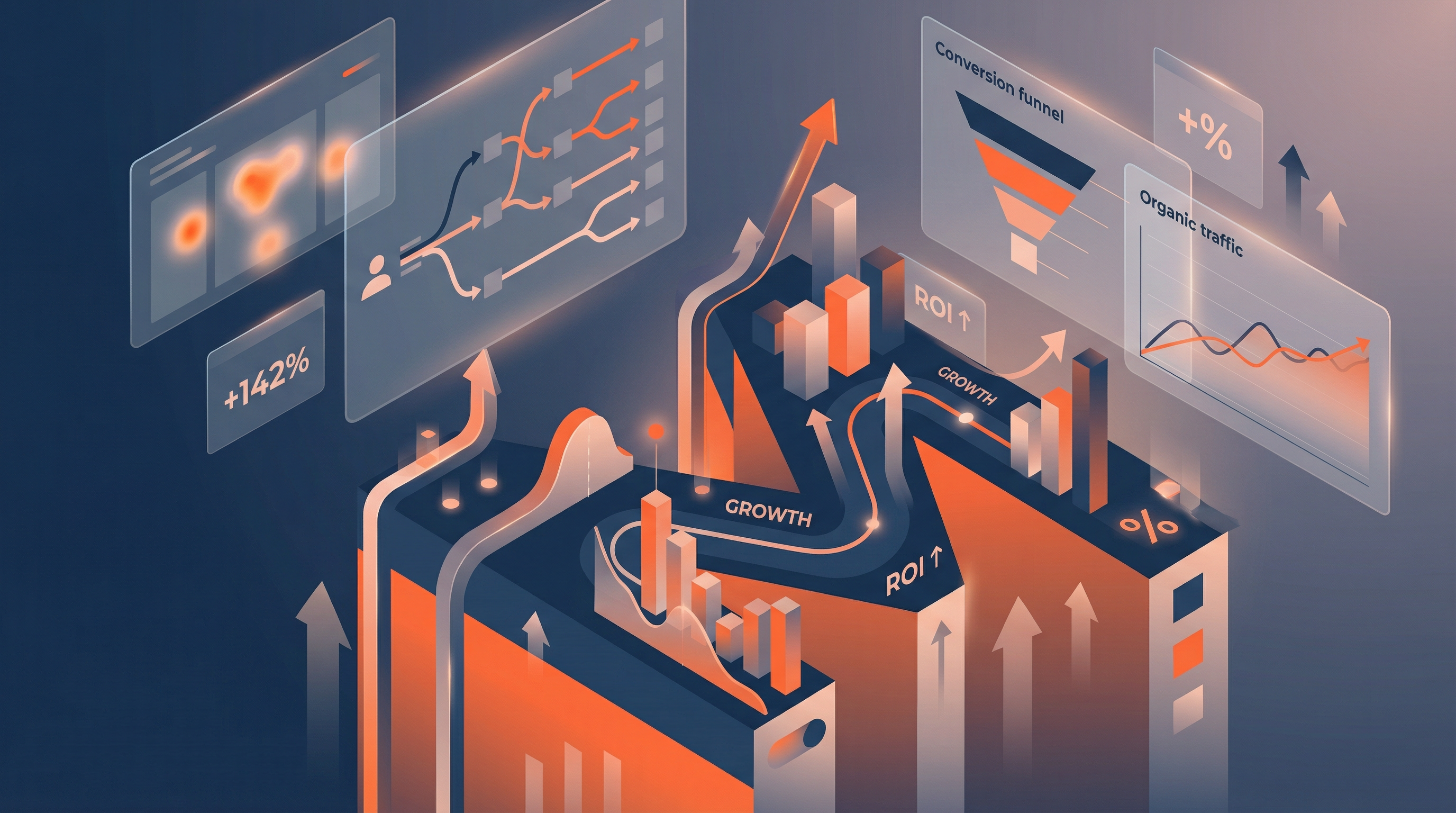 Visualização de resultados orientados a dados: crescimento de tráfego orgânico, ROI, conversões e performance mensurável