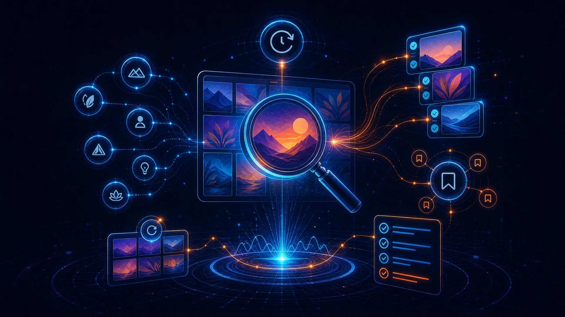 Ilustração de descoberta visual, intenção de busca e auditoria de pins