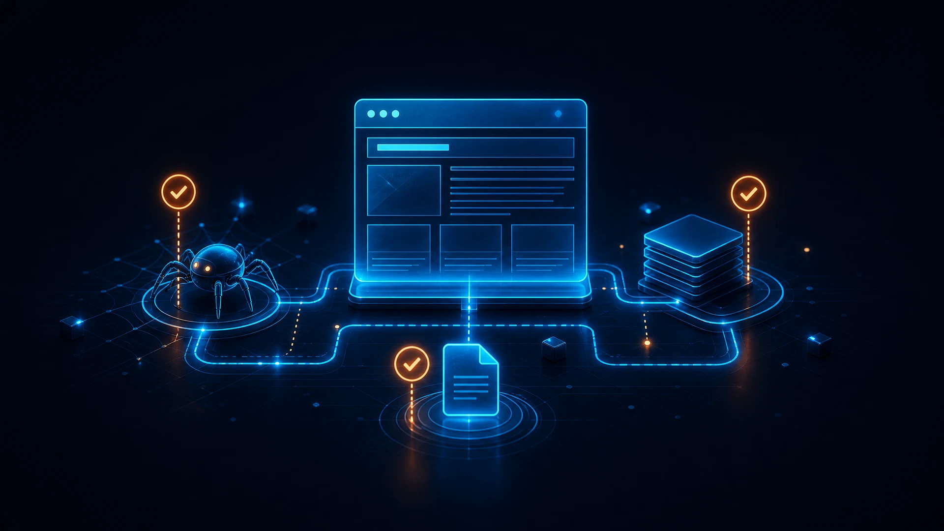 Ilustração de verificação técnica de rastreabilidade e indexação para site B2B